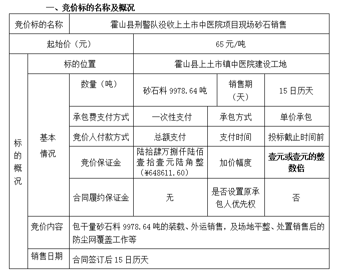 DBSXS-2020-001霍山县刑警队没收上土市中医院项目现场砂石销售竞价公告