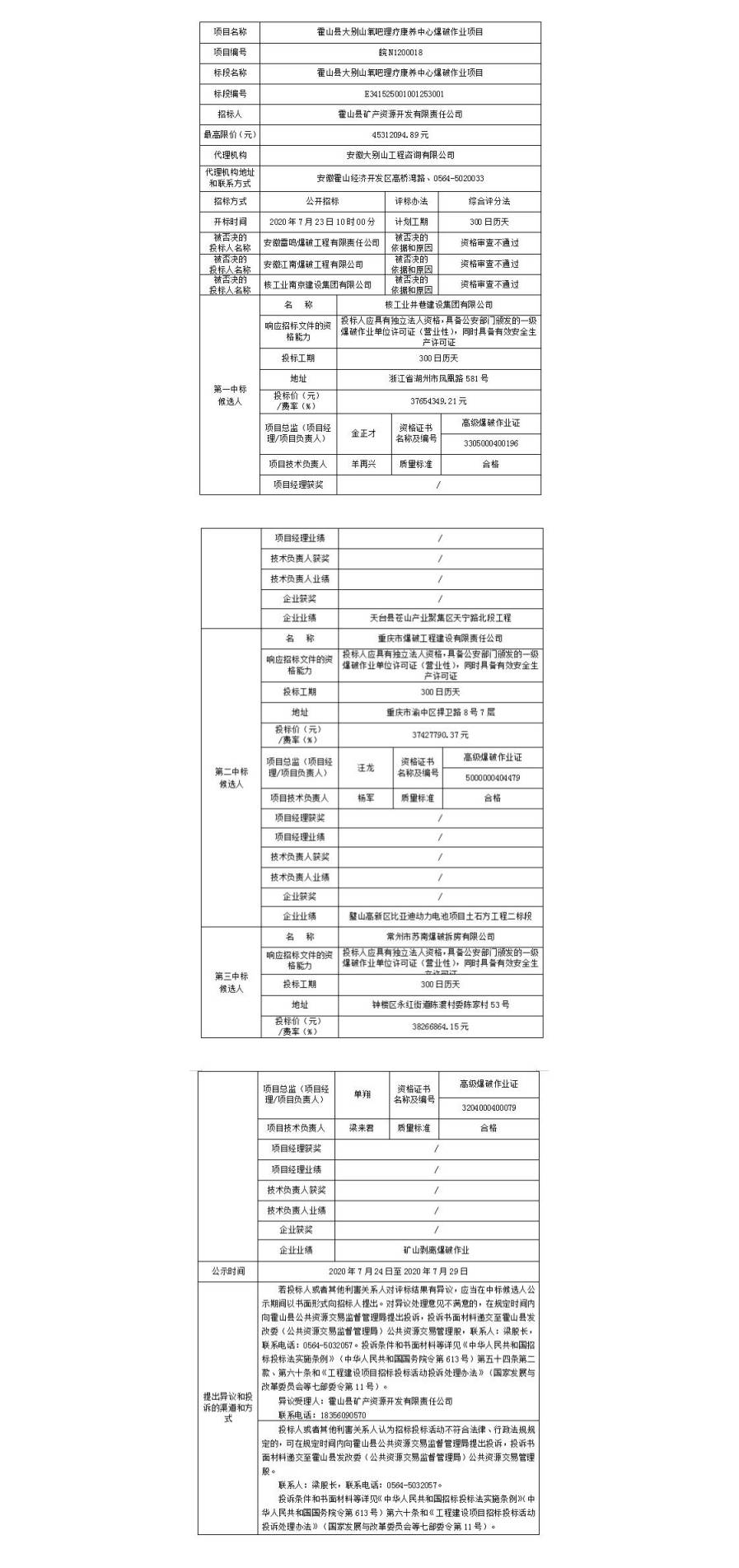 皖N3000018 霍山县大别山氧吧理疗康养中心爆破作业项目中标候选人公示