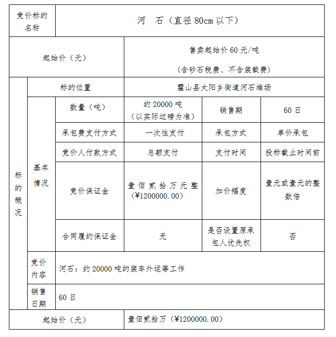 DBSXS-2020-011 霍山县太阳乡石料处置利用点河石竞价销售(二次)公告