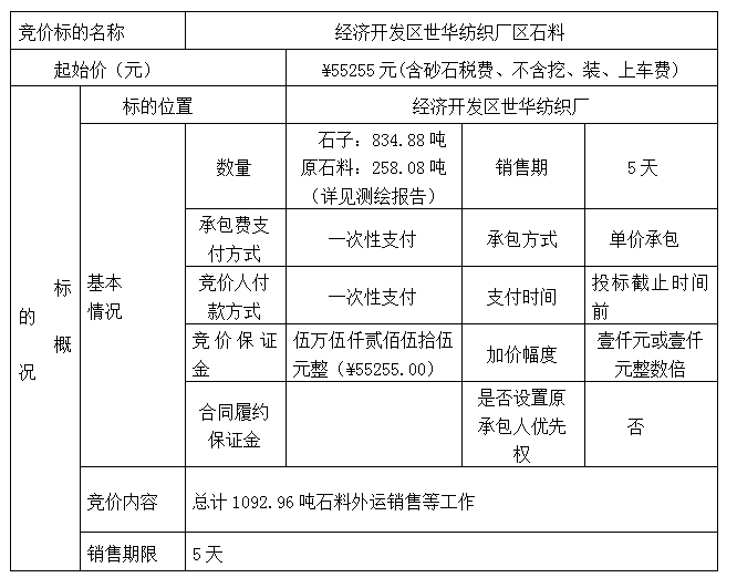 DBSXS-2021-001 经济开发区世华纺织厂石料竞价销售(三次)竞价公告