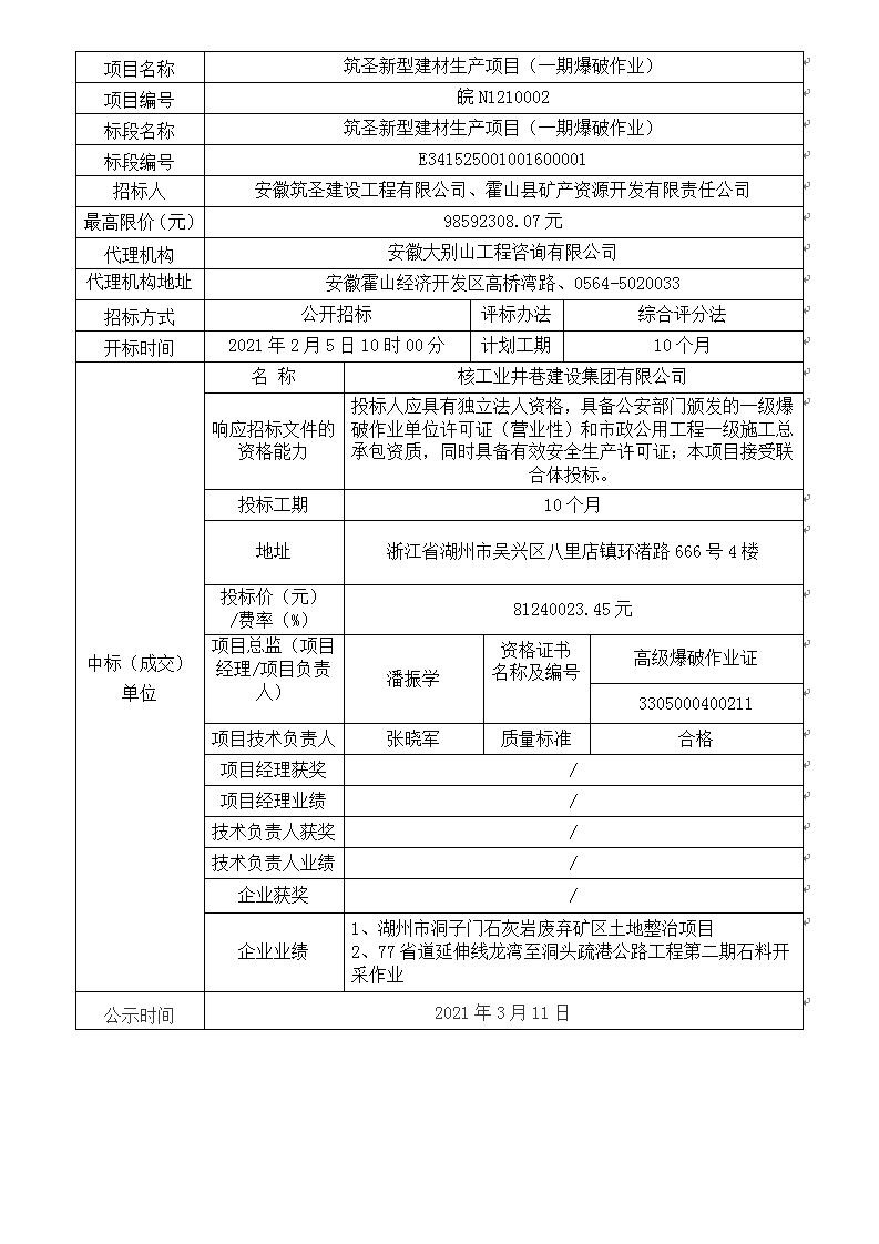 皖N1210002 筑圣新型建材生产项目（一期爆破作业）中标结果公示