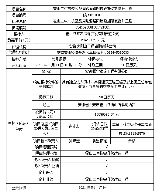 皖N1210012 霍山二中东校区及周边道路附属设施修复提升工程中标结果公示