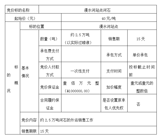 DBSXS-2021-007 漫水河站点河石竞价销售竞价公告