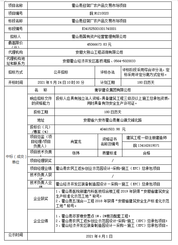 皖N1210020 霍山县迎驾厂农产品交易市场项目中标结果公示