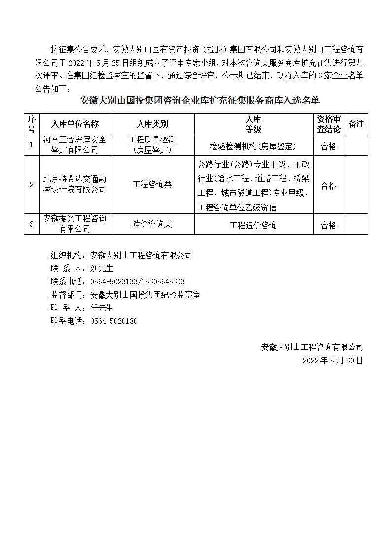 DBSCG-2021-091安徽大别山国投集团咨询企业库扩充征集服务商库入选名单公告（九）