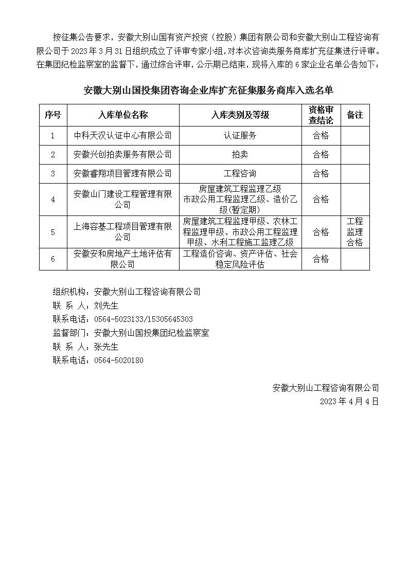 DBSCG-2021-091 安徽大别山国投集团咨询企业库扩充征集服务商库入选名单公告（十四）