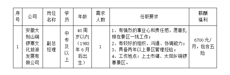 安徽大别山铜锣寨文化旅游发展有限公司公开招聘临时工作人员公告（三）