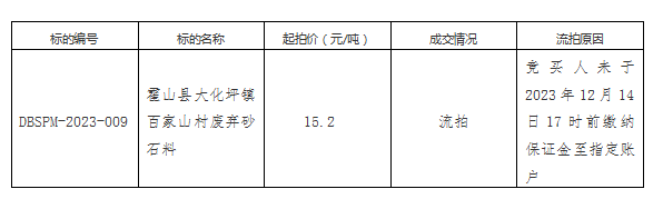 DBSPM-2023-009 霍山县大化坪镇百家山村废弃砂石料拍卖流拍公告