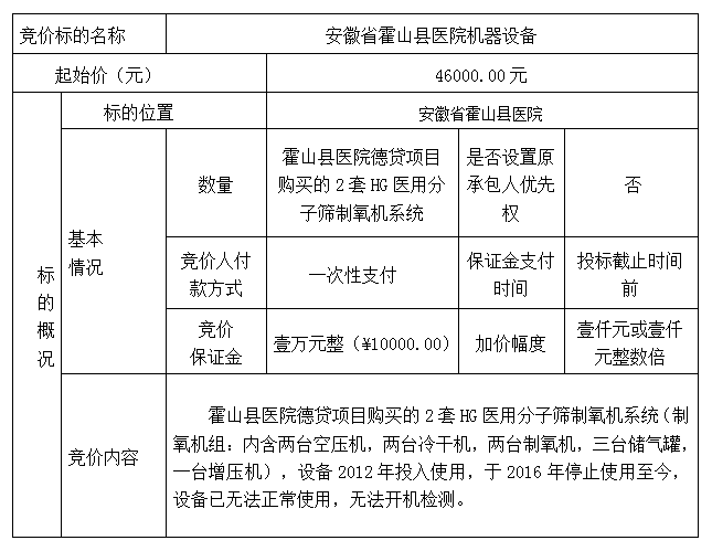DBSXS-2024-001 安徽省霍山县医院机器设备竞价销售公告