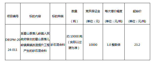 DBSPM-2024-011 霍山县落儿岭镇集镇改造提升工程产生的砂石混合料拍卖公告